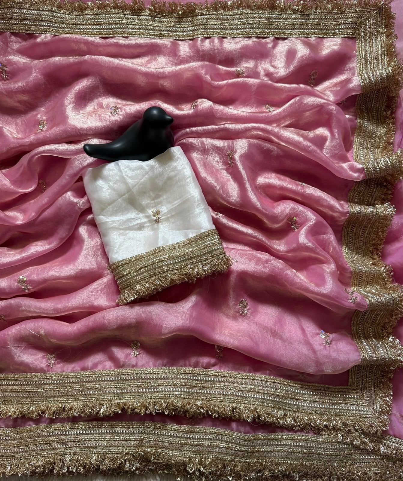 Satin Silk Embroidery Butti Saree with Fancy Gold Lace Border(pink)