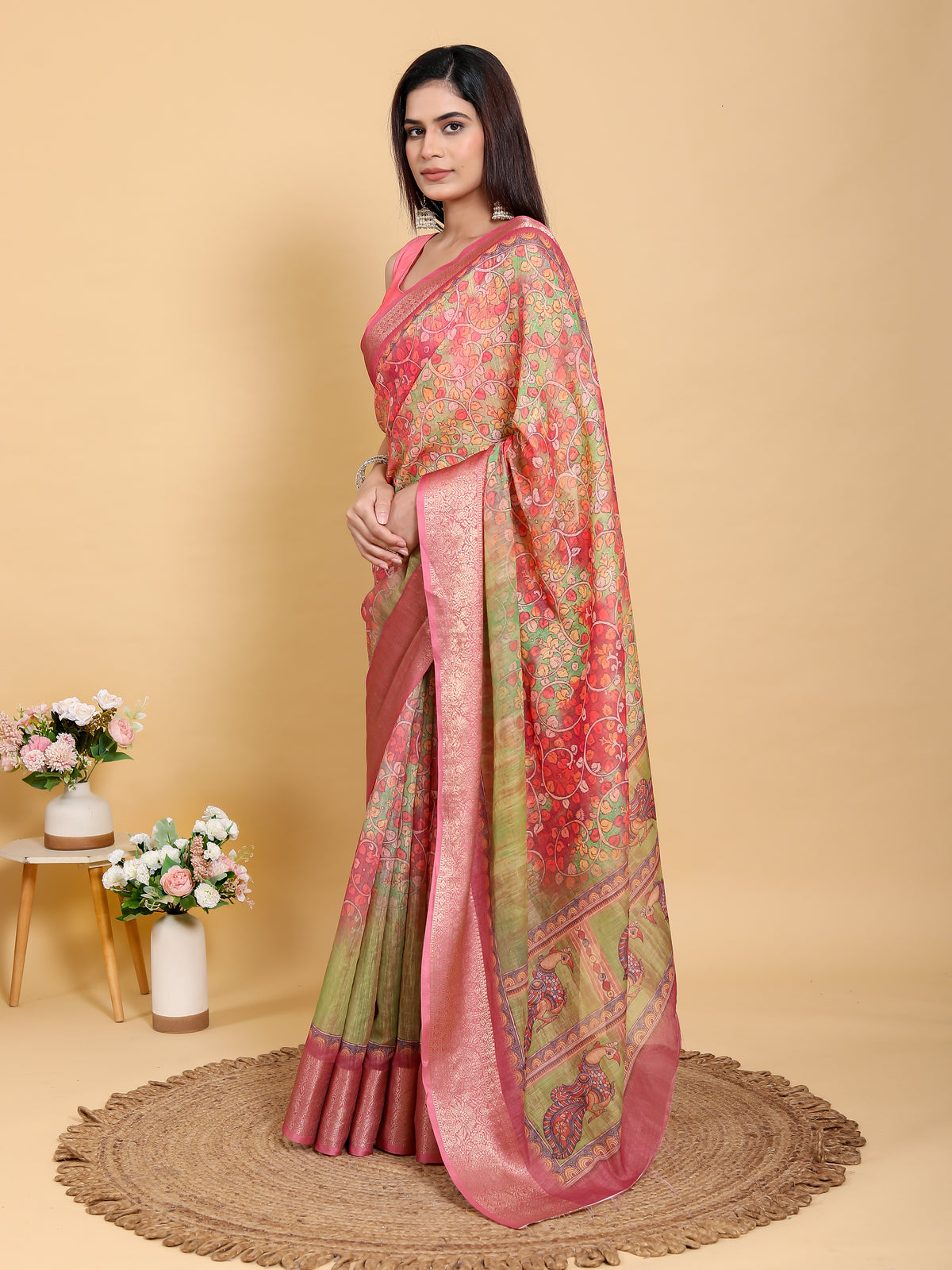 Mehndi Green & Pink Banarasi Tissue Silk Saree with Zari Jaal Weave | Unstitched Blouse