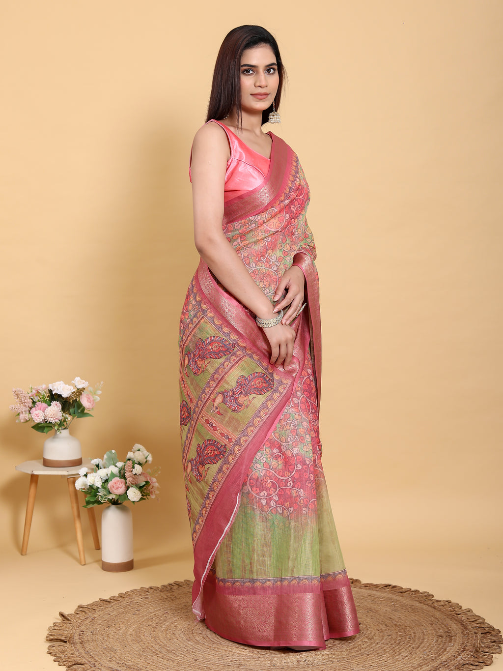 Mehndi Green & Pink Banarasi Tissue Silk Saree with Zari Jaal Weave | Unstitched Blouse