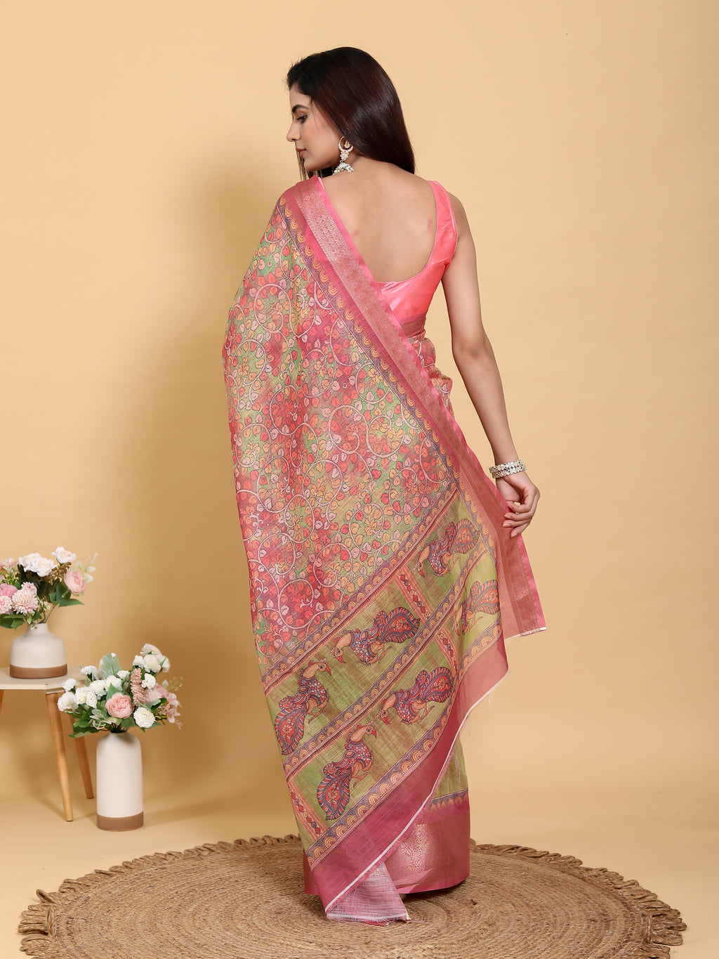 Mehndi Green & Pink Banarasi Tissue Silk Saree with Zari Jaal Weave | Unstitched Blouse
