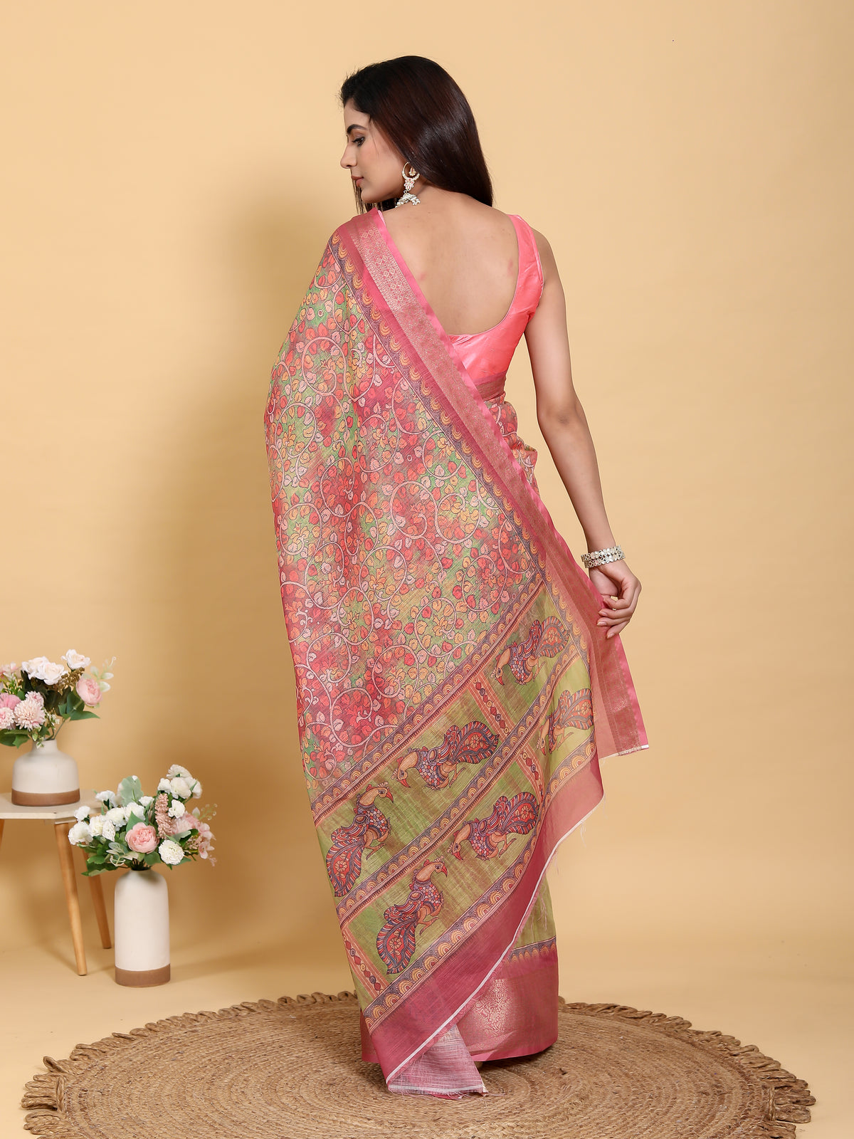 Mehndi Green & Pink Banarasi Tissue Silk Saree with Zari Jaal Weave | Unstitched Blouse