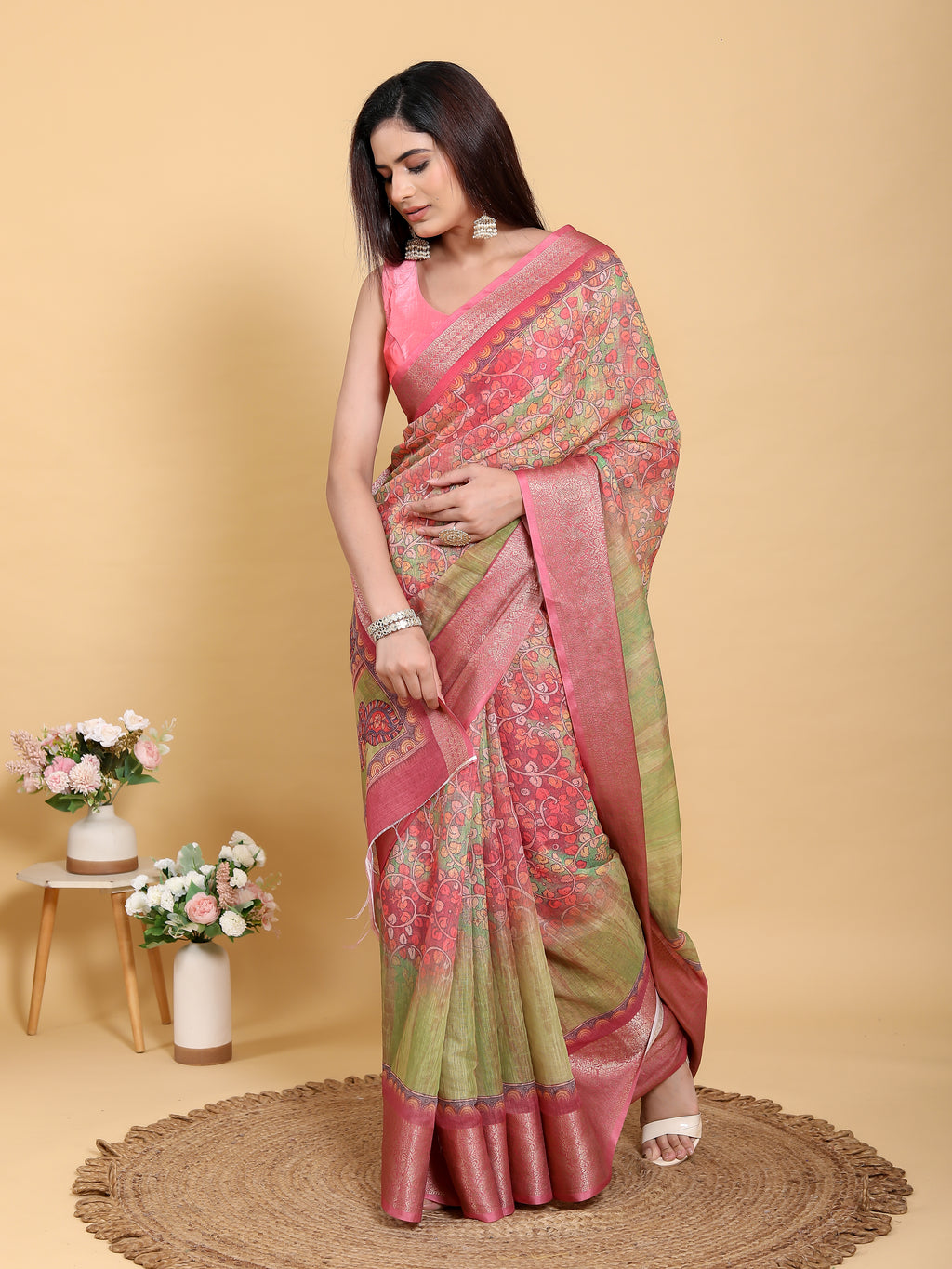 Mehndi Green & Pink Banarasi Tissue Silk Saree with Zari Jaal Weave | Unstitched Blouse