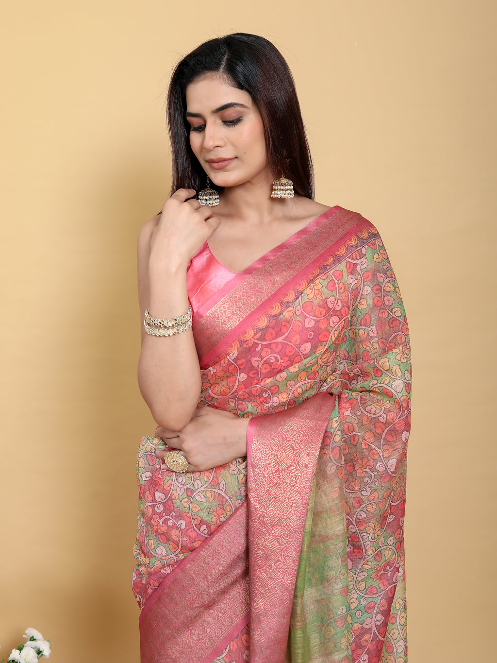 Mehndi Green & Pink Banarasi Tissue Silk Saree with Zari Jaal Weave | Unstitched Blouse