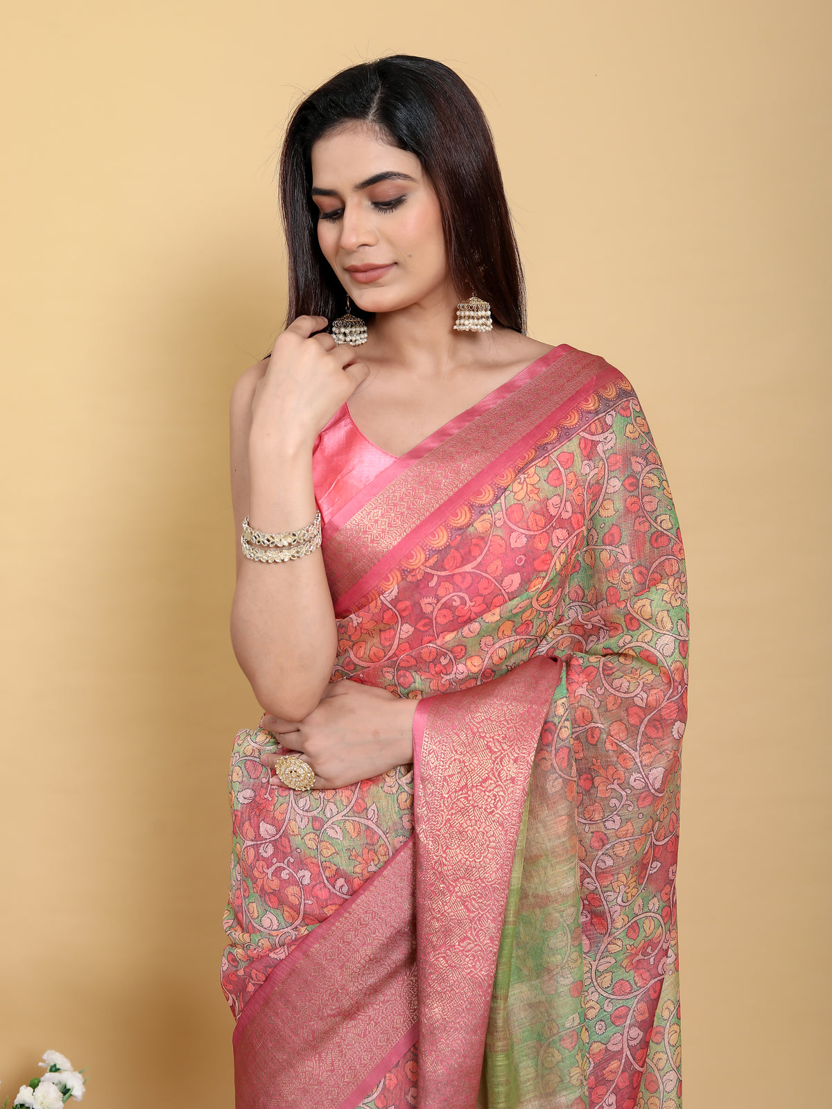 Mehndi Green & Pink Banarasi Tissue Silk Saree with Zari Jaal Weave | Unstitched Blouse