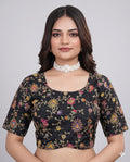 Black embroidered saree blouse back view with keyhole and tassel tie