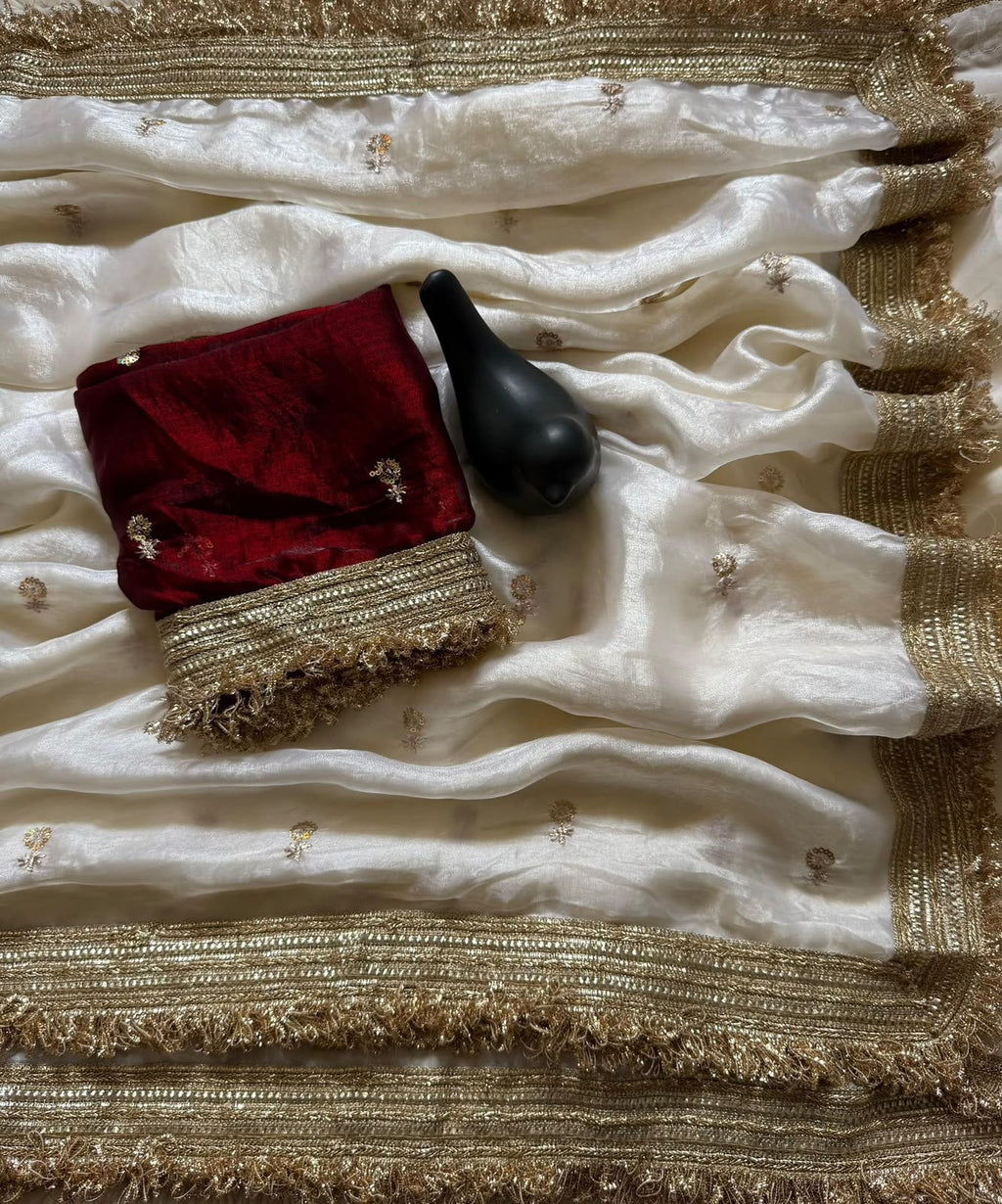 Meeta Ivory White Satin Silk Saree with Gold Lace Border - Flat Lay
