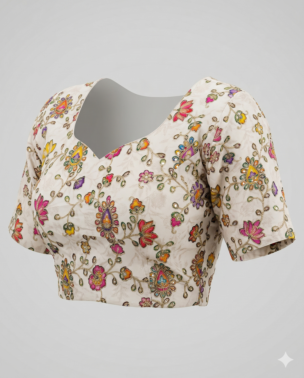Cream Multicolour Embroidered Saree Blouse with Back
