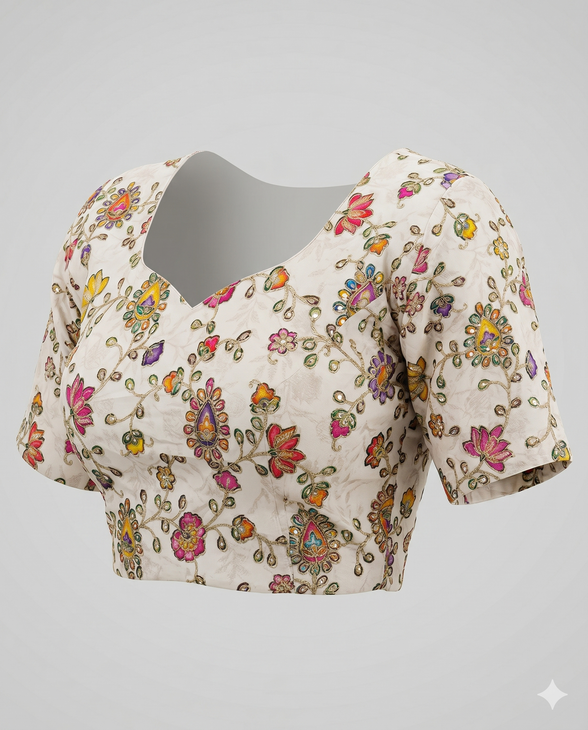 Cream Multicolour Embroidered Saree Blouse with Back