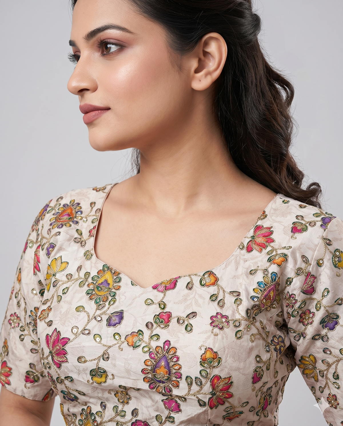 Cream Multicolour Embroidered Saree Blouse with Back