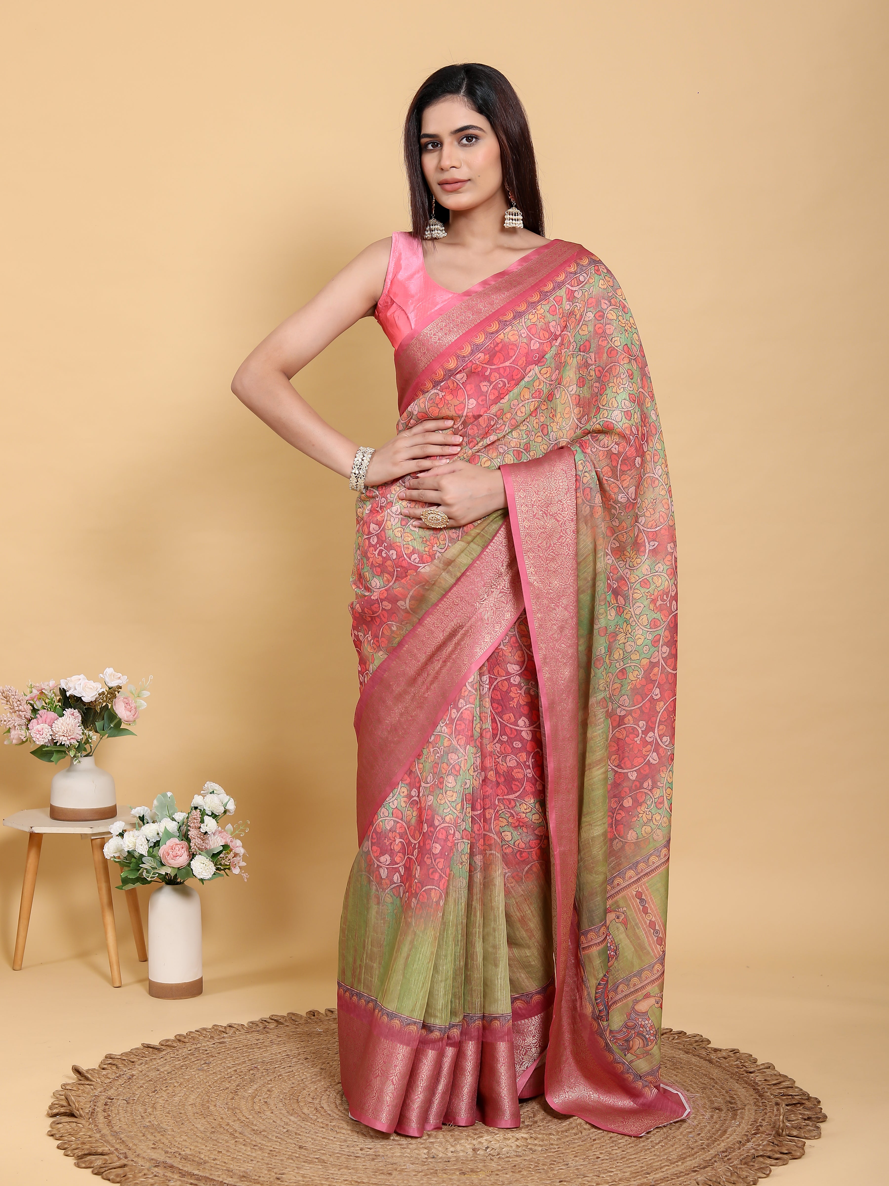 Mehndi Green & Pink Banarasi Tissue Silk Saree with Zari Jaal Weave | Unstitched Blouse