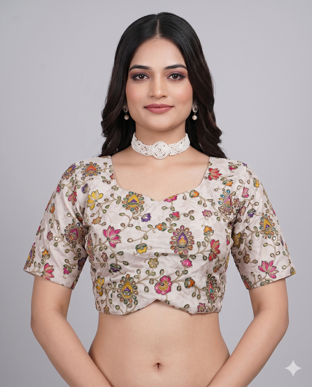 Cream Multicolour Embroidered Saree Blouse with Back