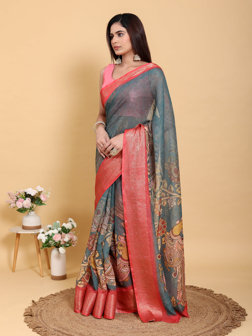 Kalamkari linen saree - side view showing pallu