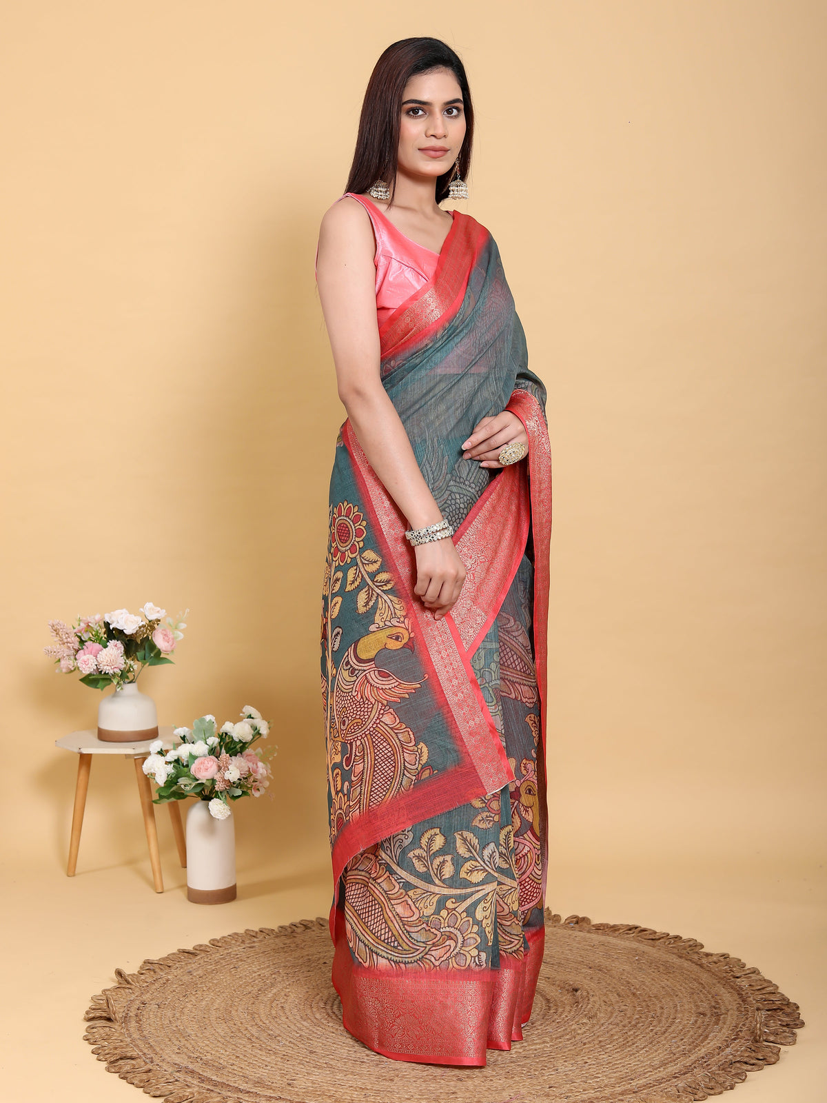 Kalamkari linen saree - close up drape detail