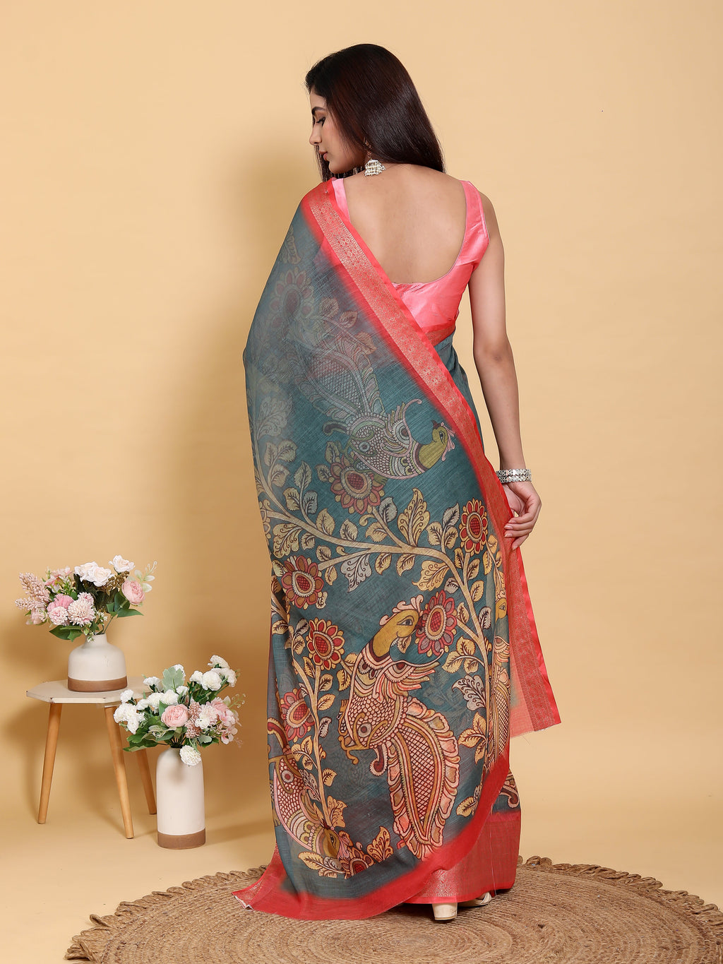 Kalamkari linen saree - back view full drape