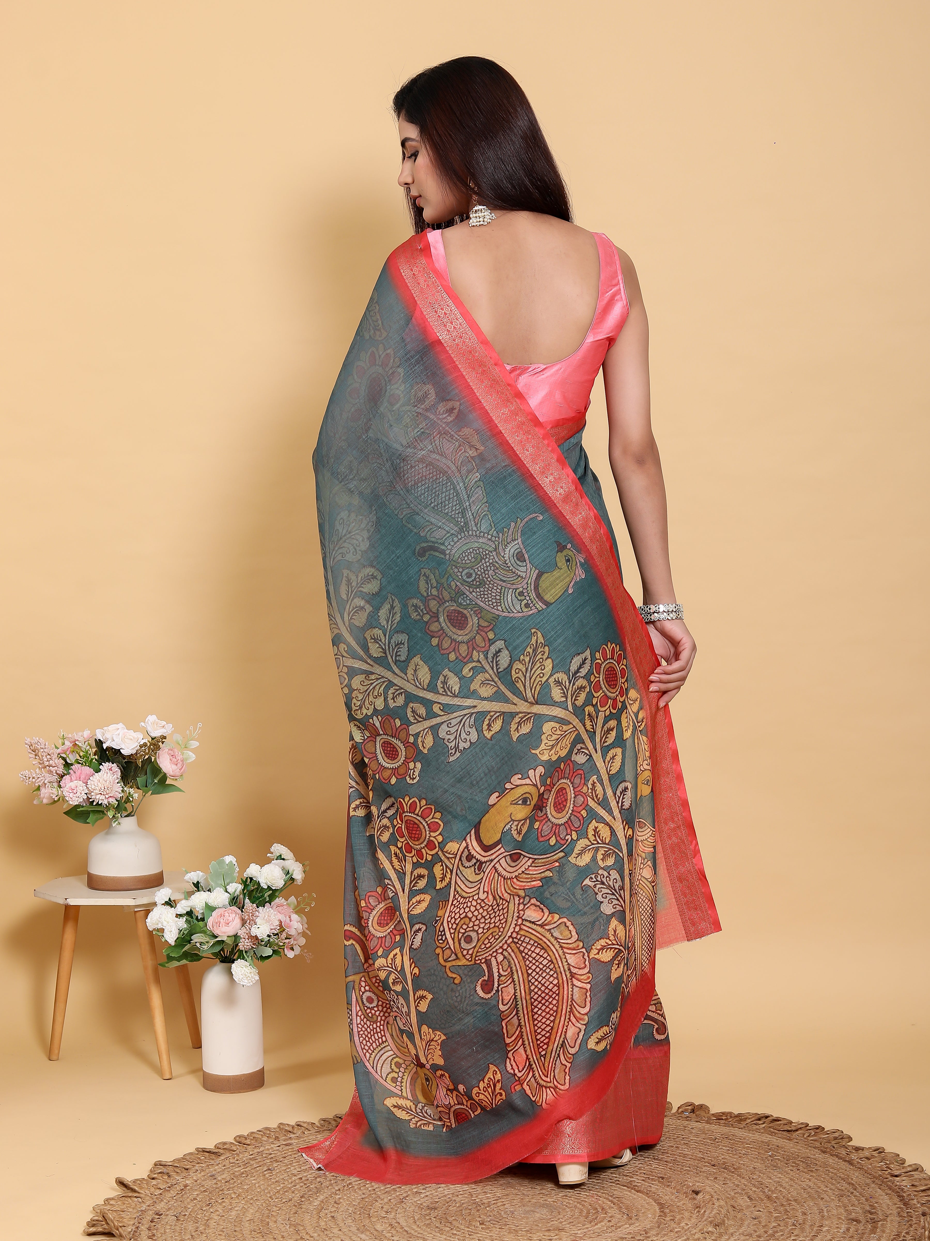 Kalamkari linen saree - back view full drape