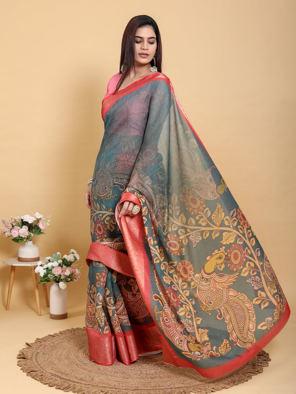 Kalamkari linen saree - front elegant pose