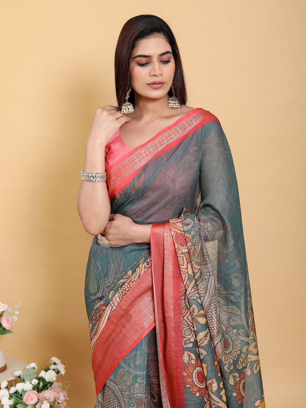 Kalamkari linen saree - pallu spread showcase