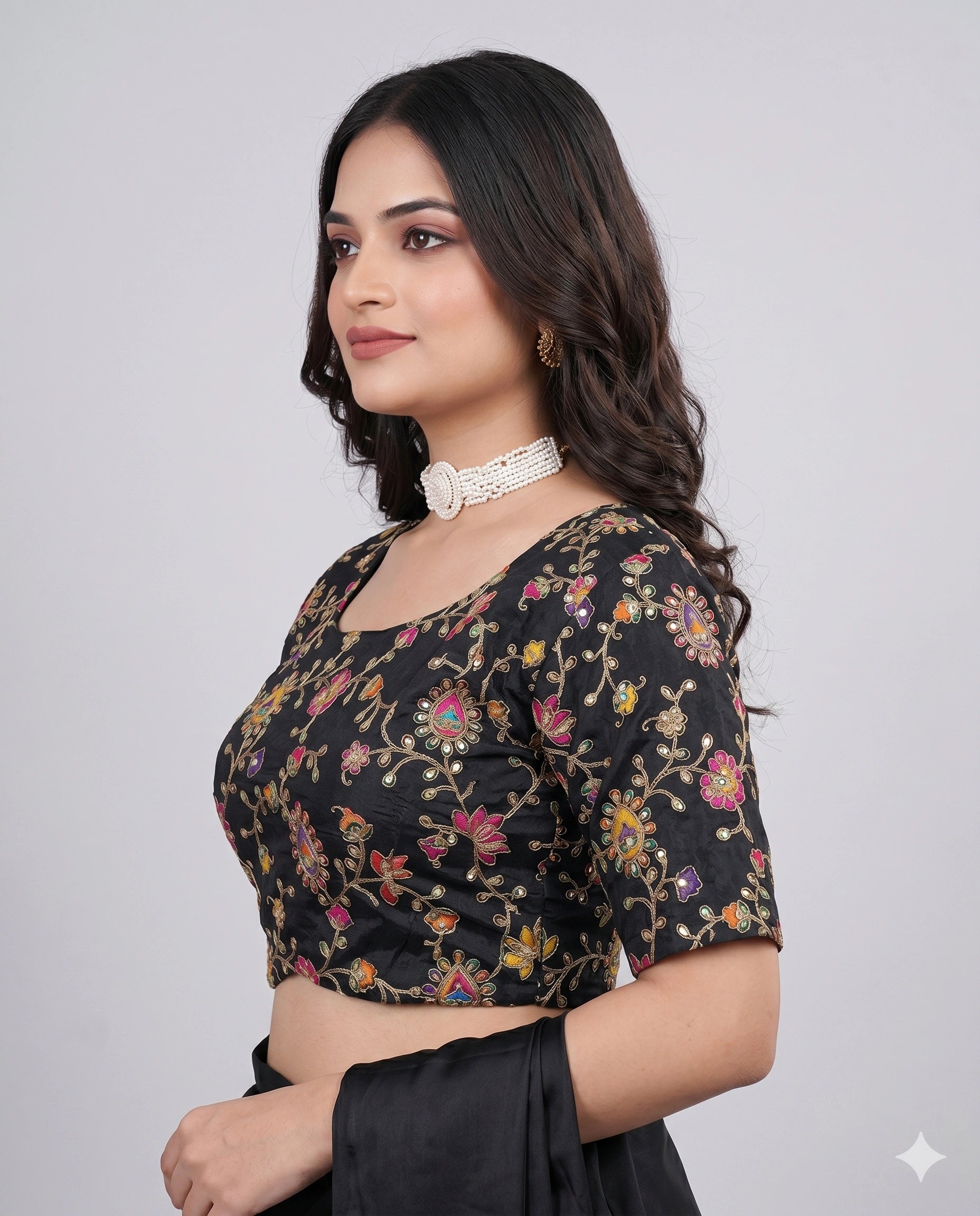 Black embroidered saree blouse side back view with tie-up strings