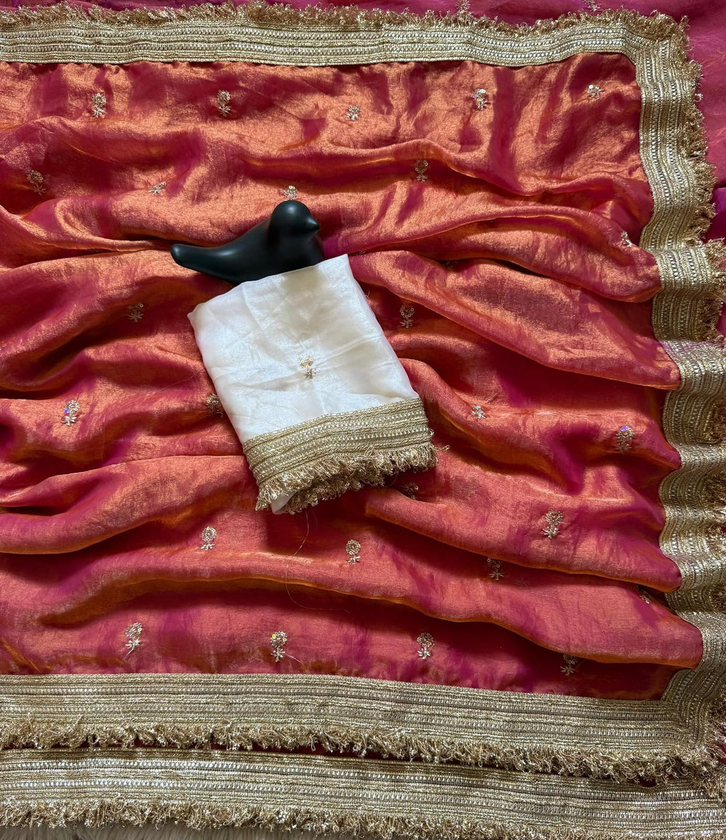 Satin Silk Embroidery Butti Saree with Fancy Gold Lace Border(orange)