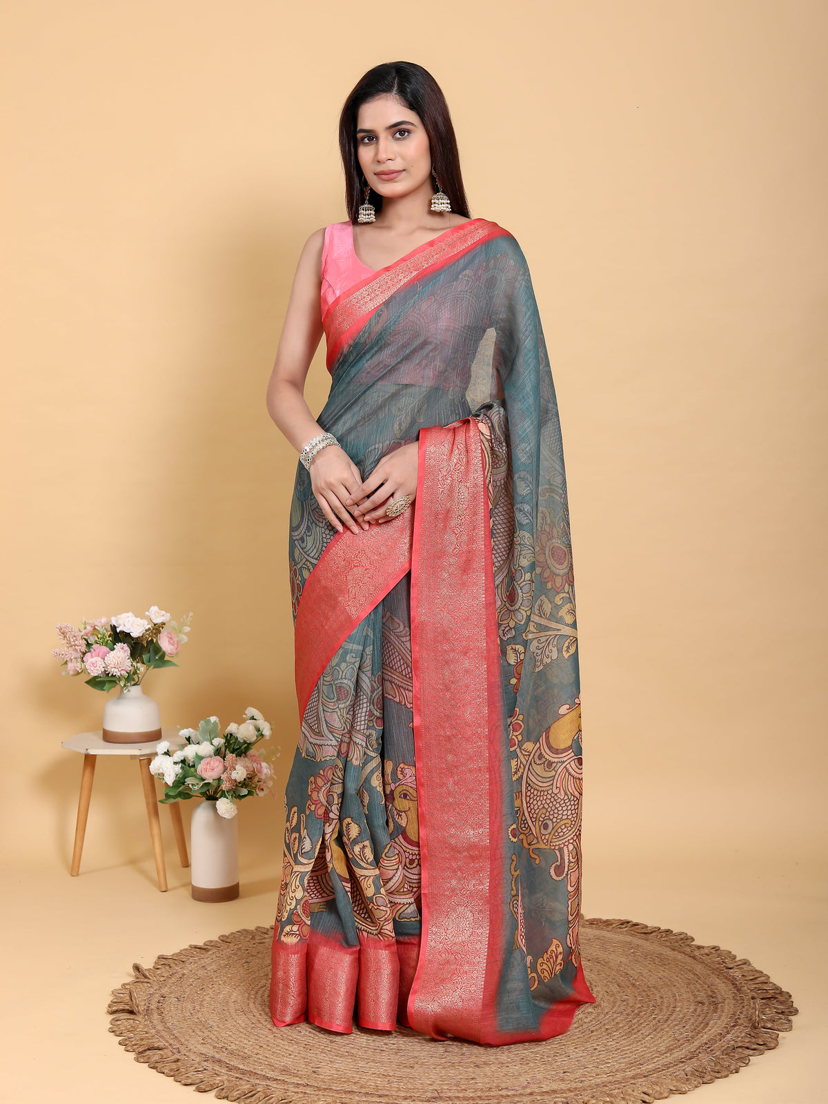 Kalamkari linen saree - front view full drape