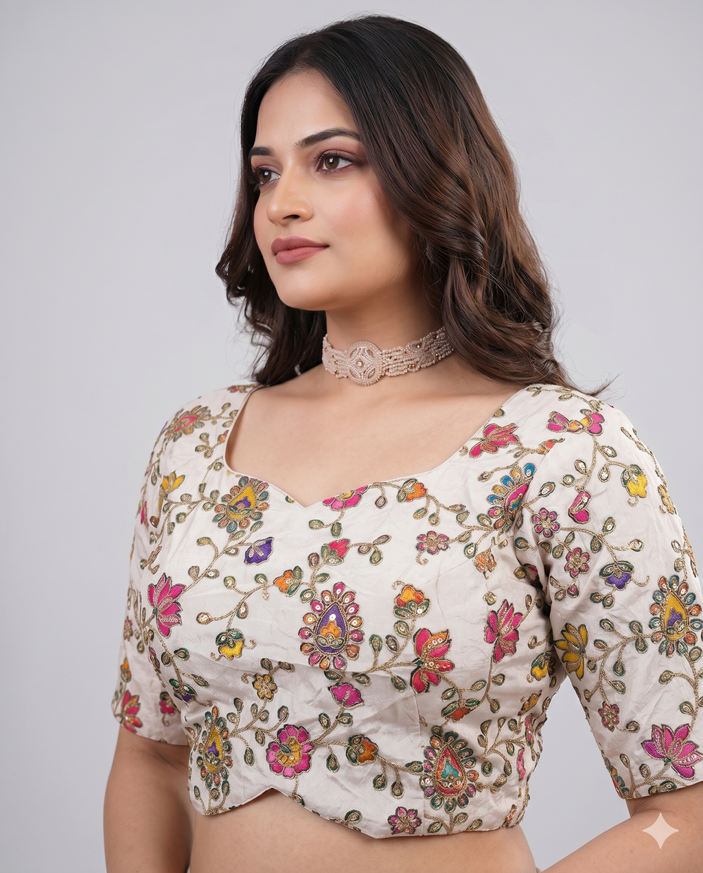 Cream Multicolour Embroidered Saree Blouse with Back