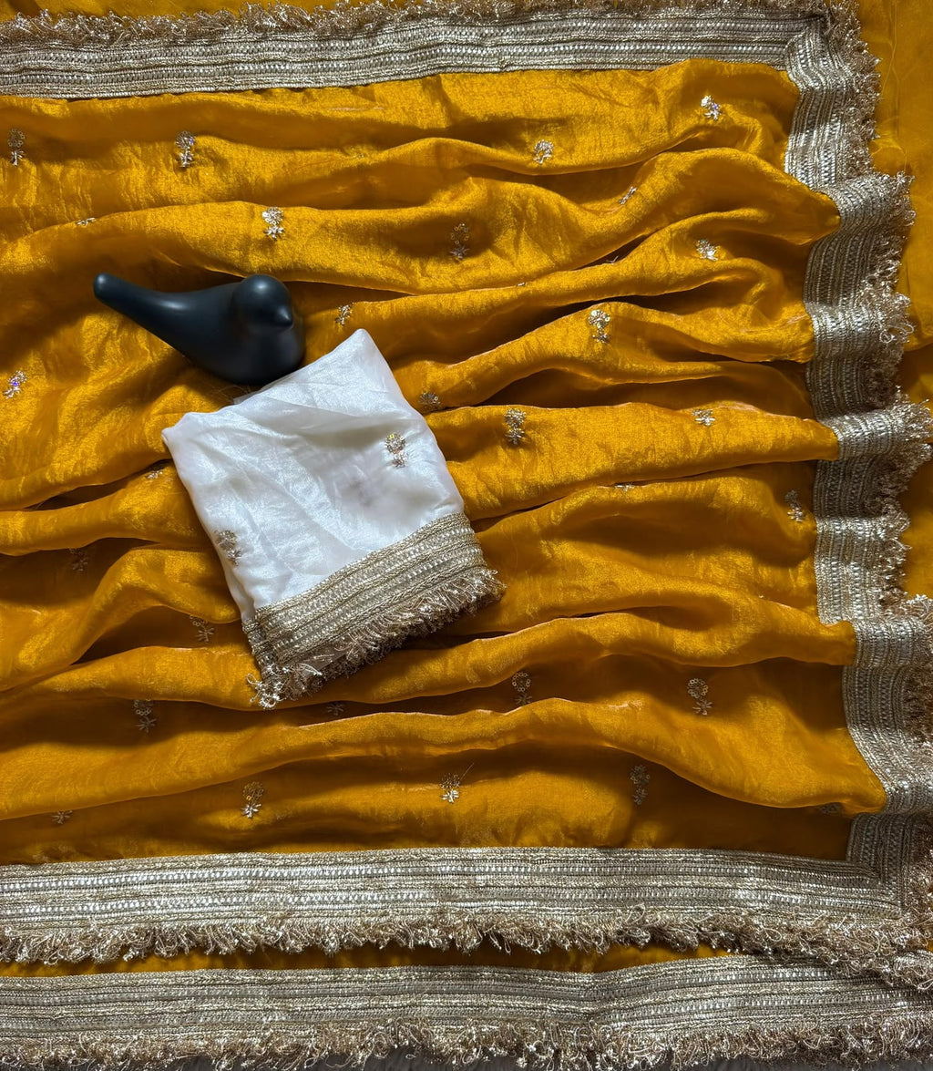 Satin Silk Embroidery Butti Saree with Fancy Gold Lace Border(yellow)