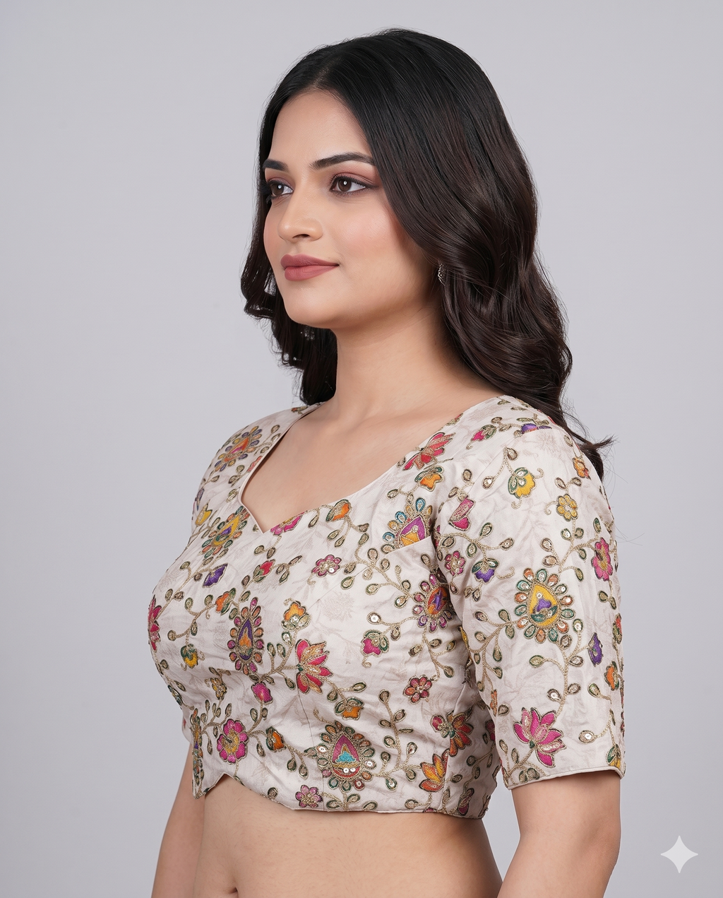 Cream Multicolour Embroidered Saree Blouse with Back