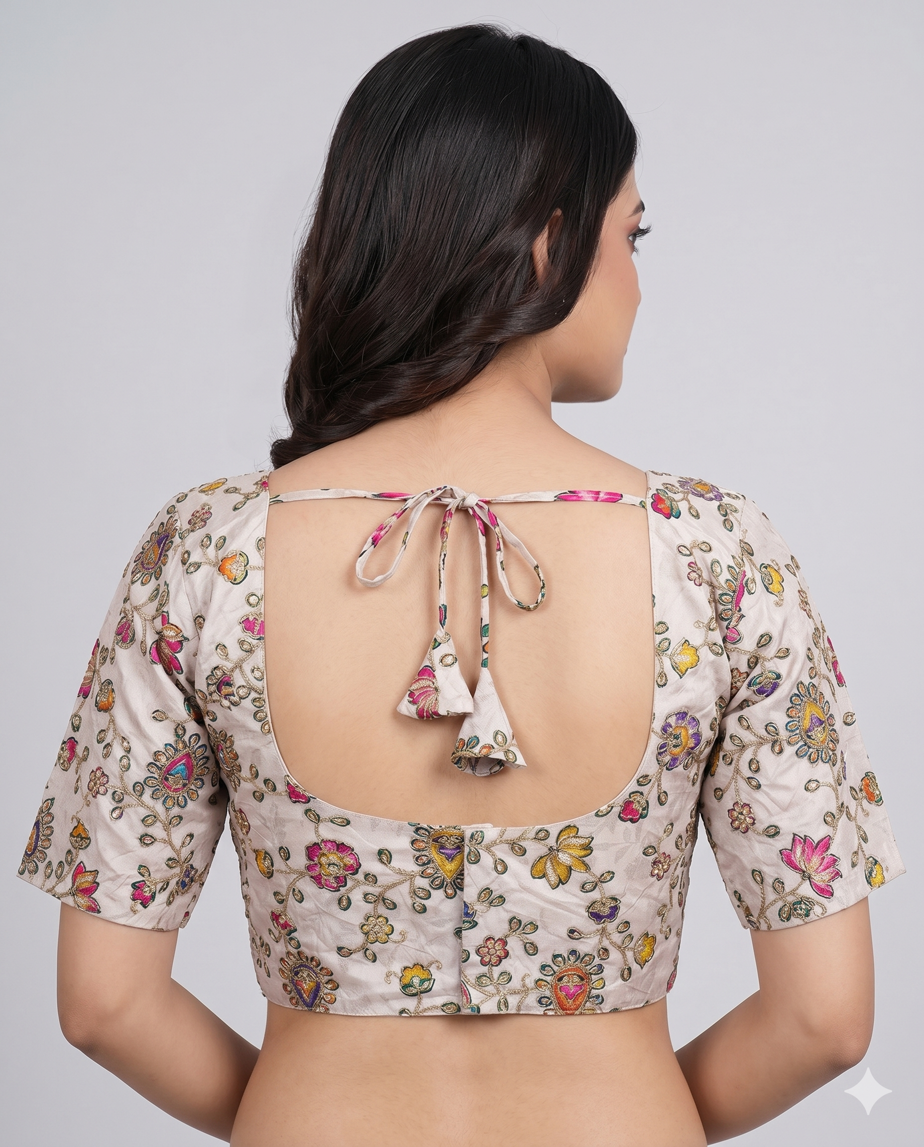 Cream Multicolour Embroidered Saree Blouse with Back