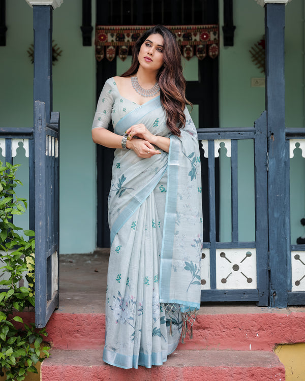 Powder Blue Floral Linen Saree with Silver Zari Border