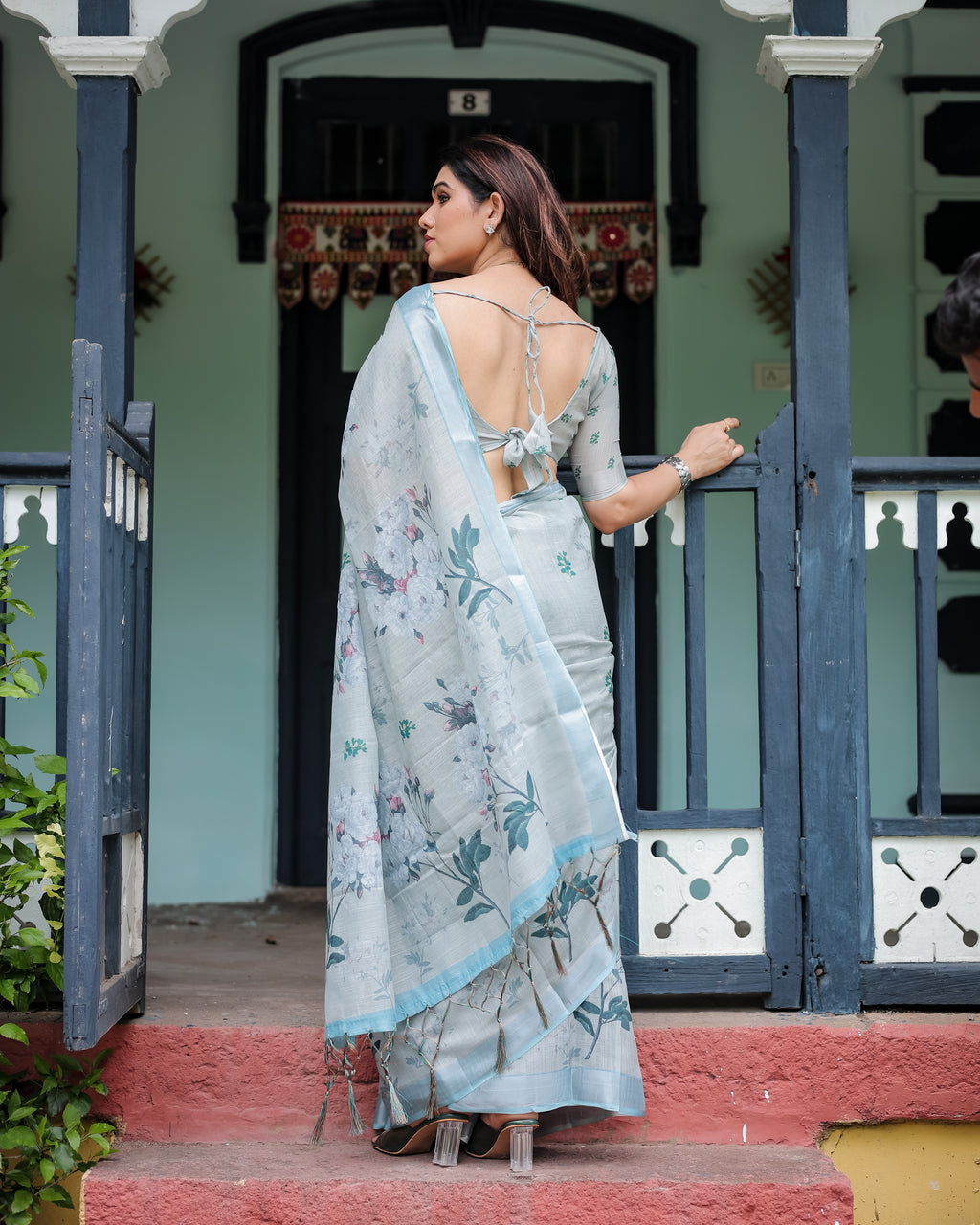 Powder Blue Floral Linen Saree with Silver Zari Border