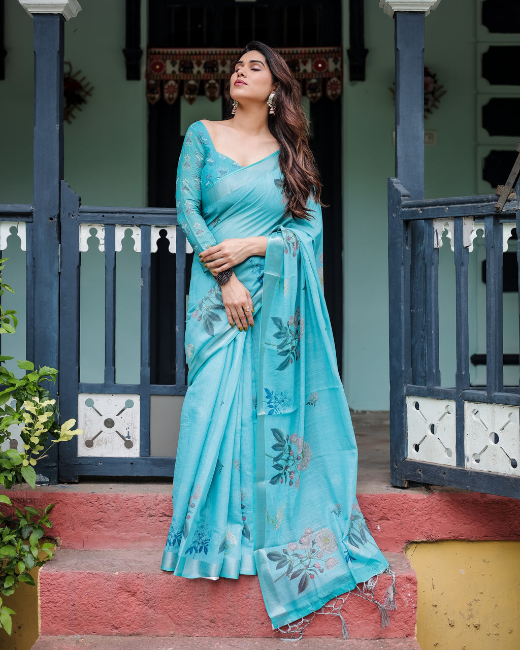 Sky Blue Floral Linen Silk Saree with Tassel Border