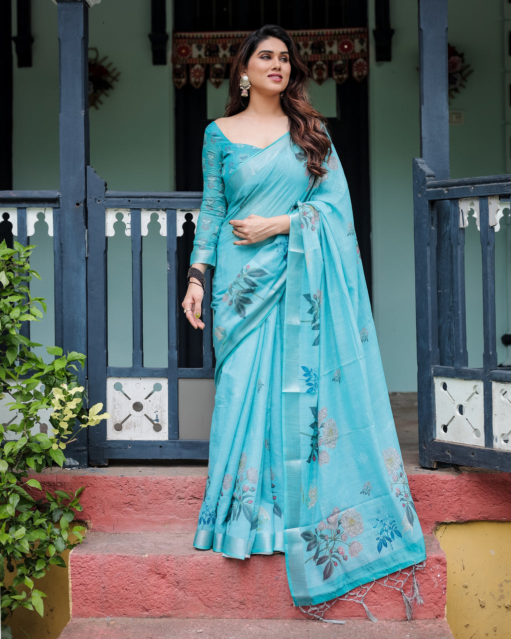 Sky Blue Floral Linen Silk Saree with Tassel Border