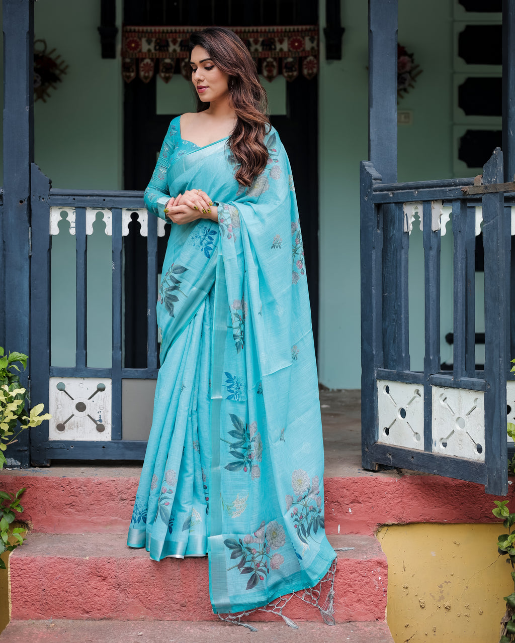 Sky Blue Floral Linen Silk Saree with Tassel Border