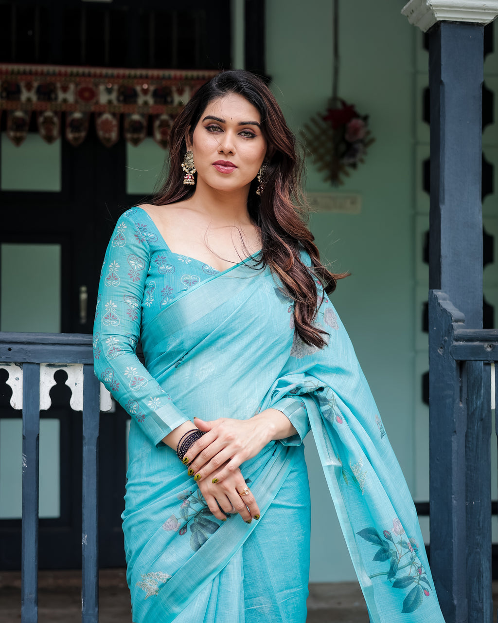 Sky Blue Floral Linen Silk Saree with Tassel Border
