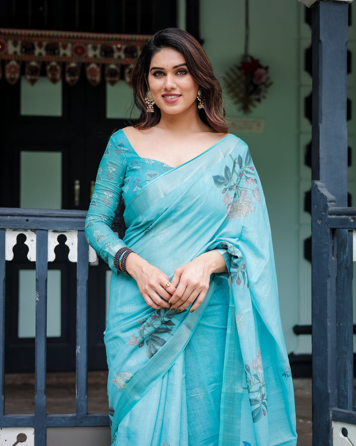 Sky Blue Floral Linen Silk Saree with Tassel Border