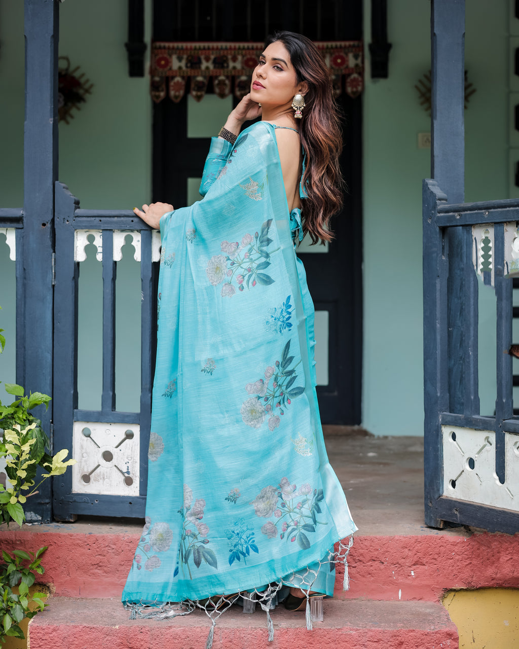 Sky Blue Floral Linen Silk Saree with Tassel Border