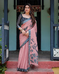 Dusty Rose Bird Print Linen Saree with Charcoal Grey Border
