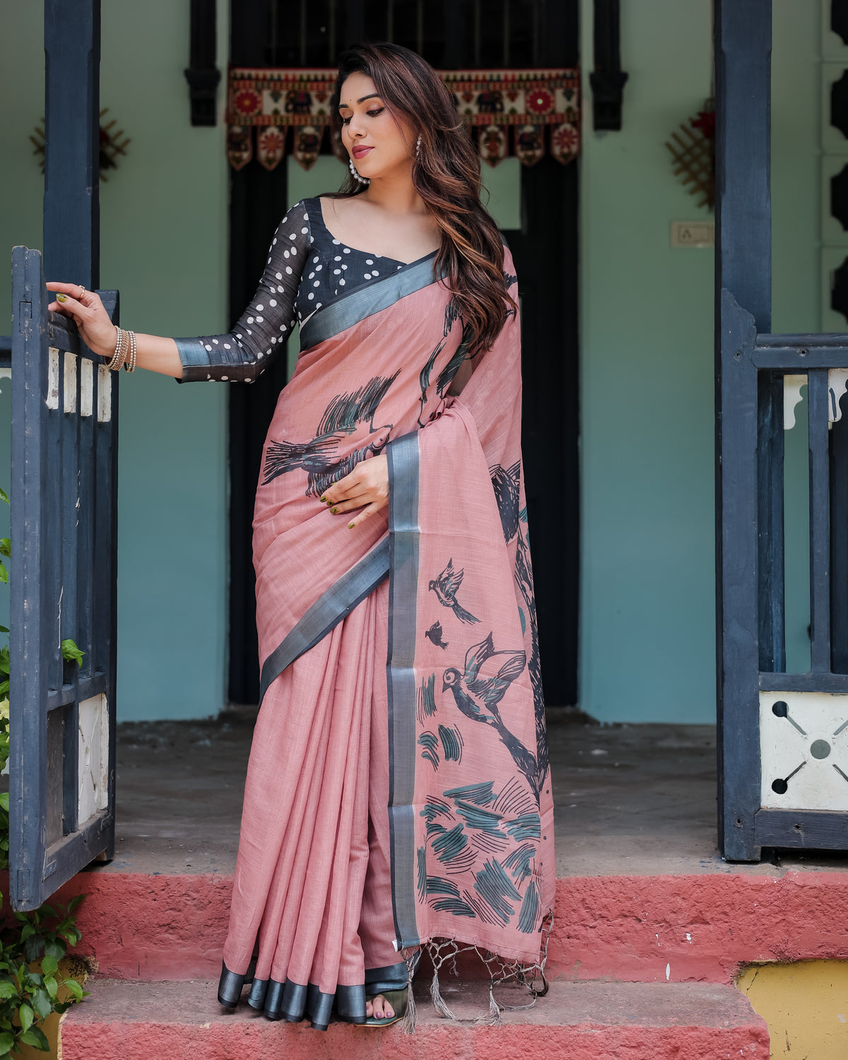 Dusty Rose Bird Print Linen Saree with Charcoal Grey Border