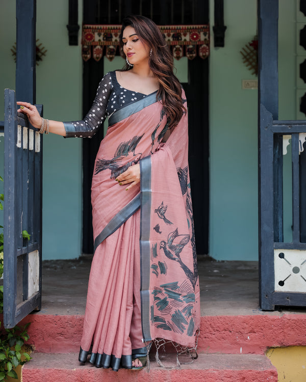 Dusty Rose Bird Print Linen Saree with Charcoal Grey Border
