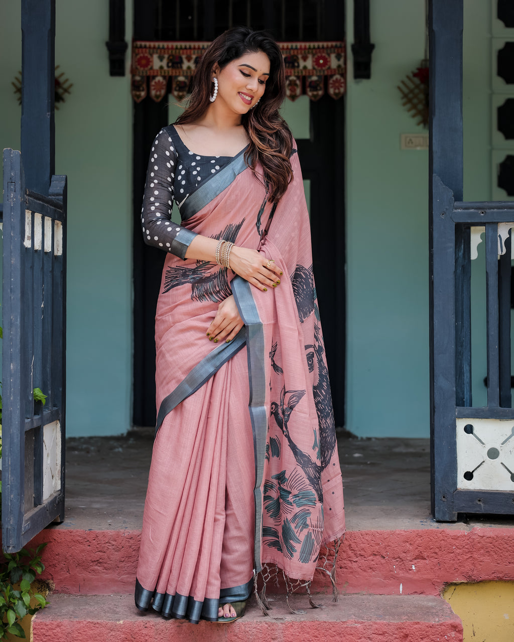 Dusty Rose Bird Print Linen Saree with Charcoal Grey Border