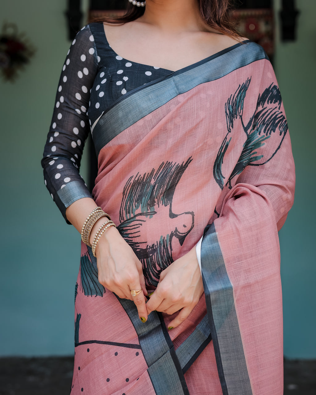Dusty Rose Bird Print Linen Saree with Charcoal Grey Border