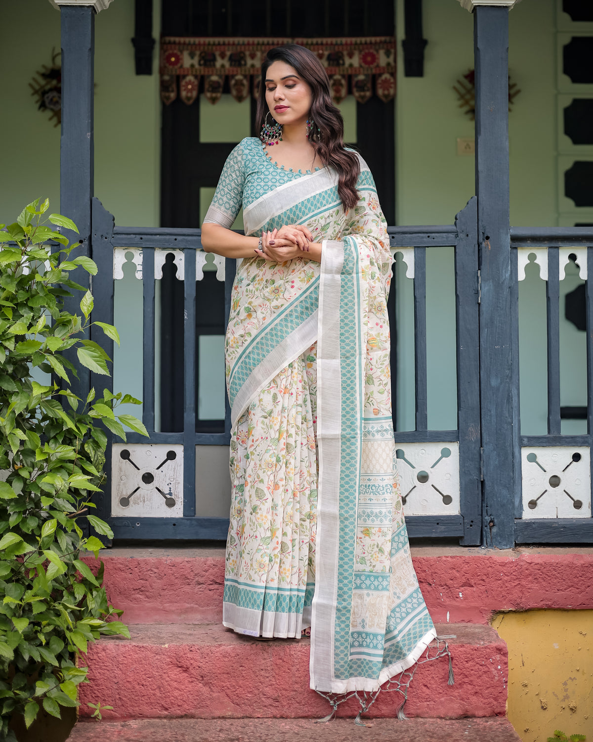 Ivory Floral Printed Saree with Sage Green Border