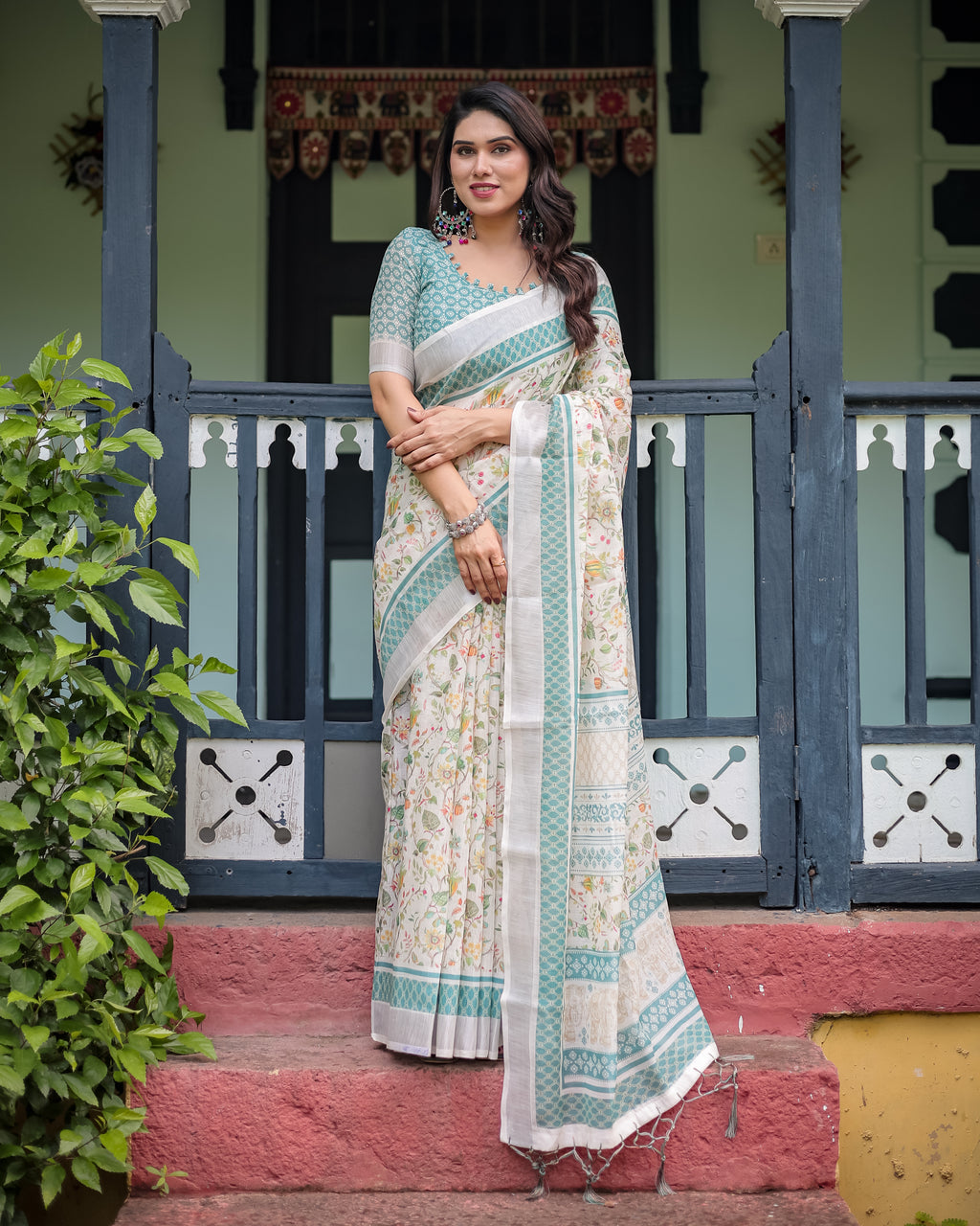 Ivory Floral Printed Saree with Sage Green Border