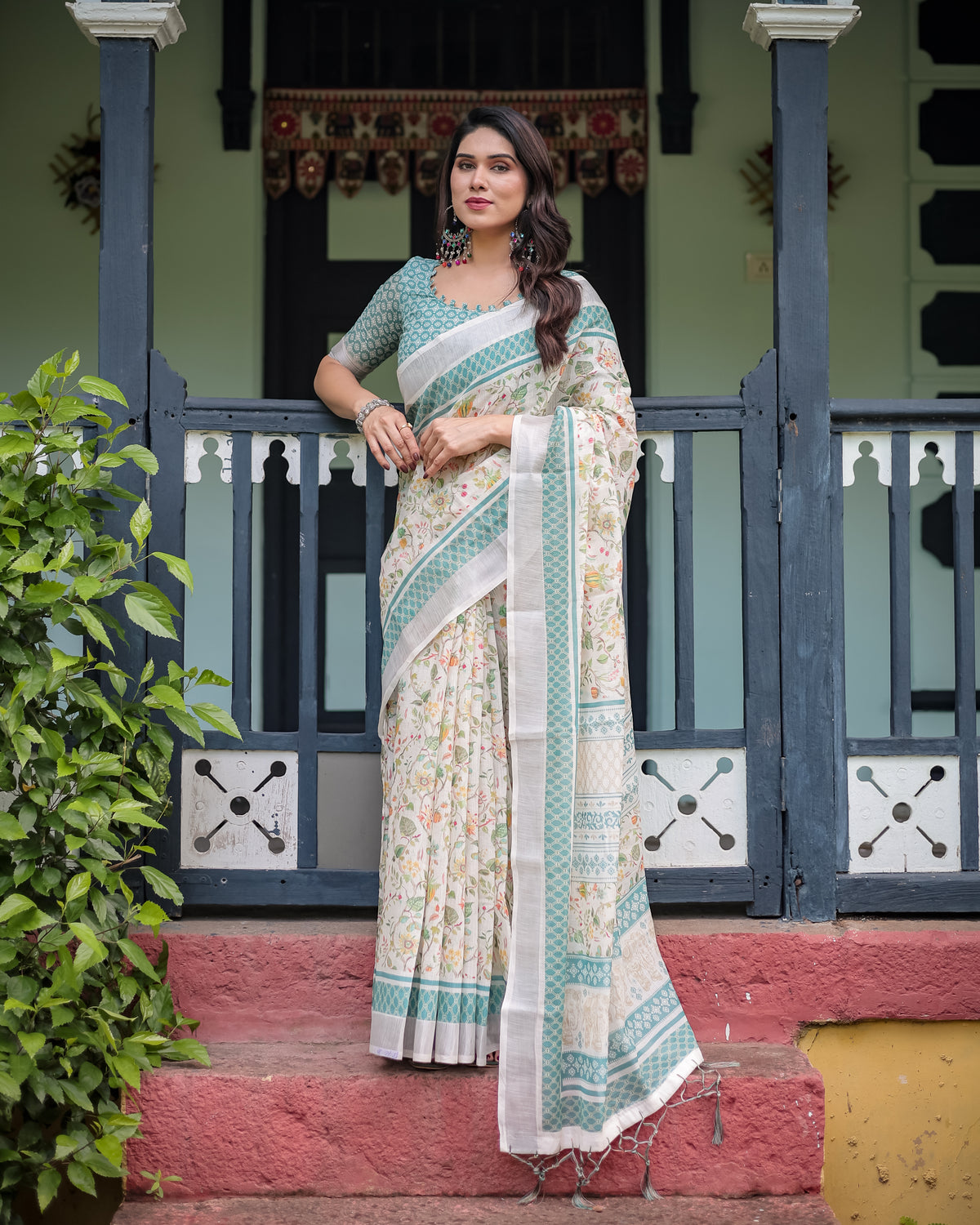 Ivory Floral Printed Saree with Sage Green Border