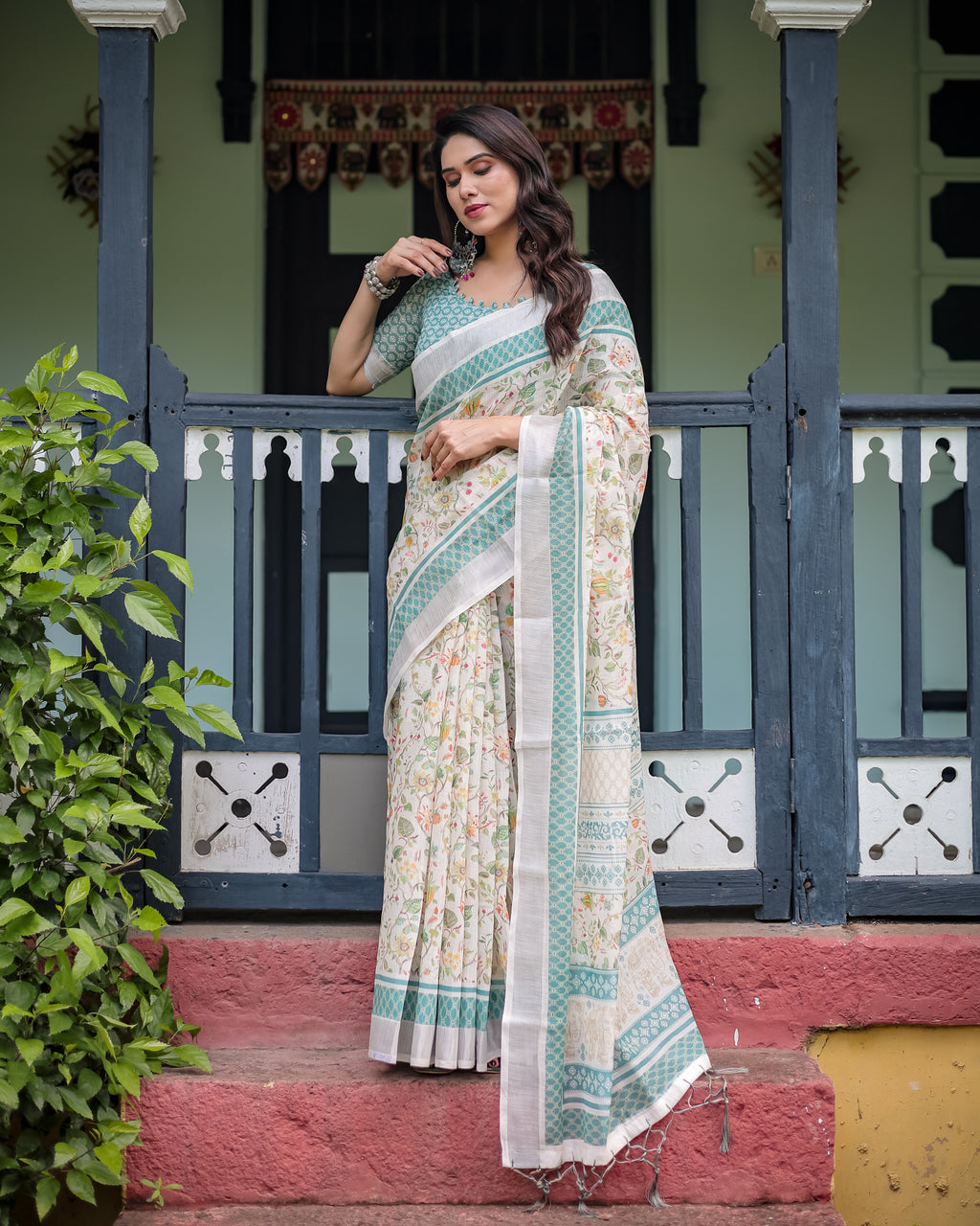 Ivory Floral Printed Saree with Sage Green Border
