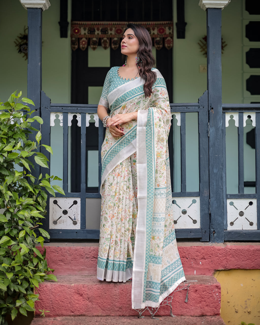 Ivory Floral Printed Saree with Sage Green Border