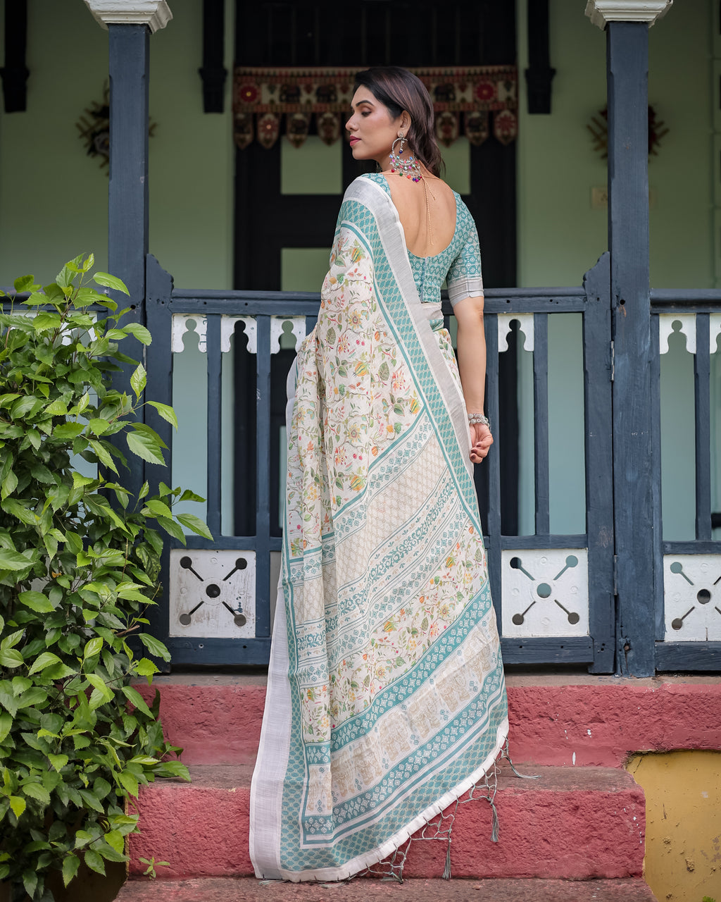 Ivory Floral Printed Saree with Sage Green Border