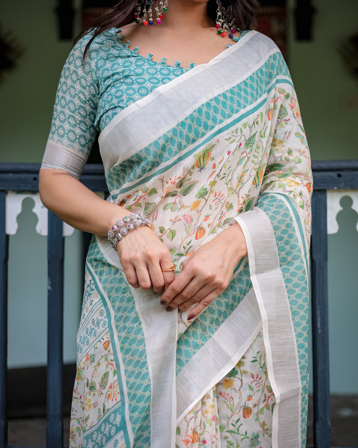 Ivory Floral Printed Saree with Sage Green Border