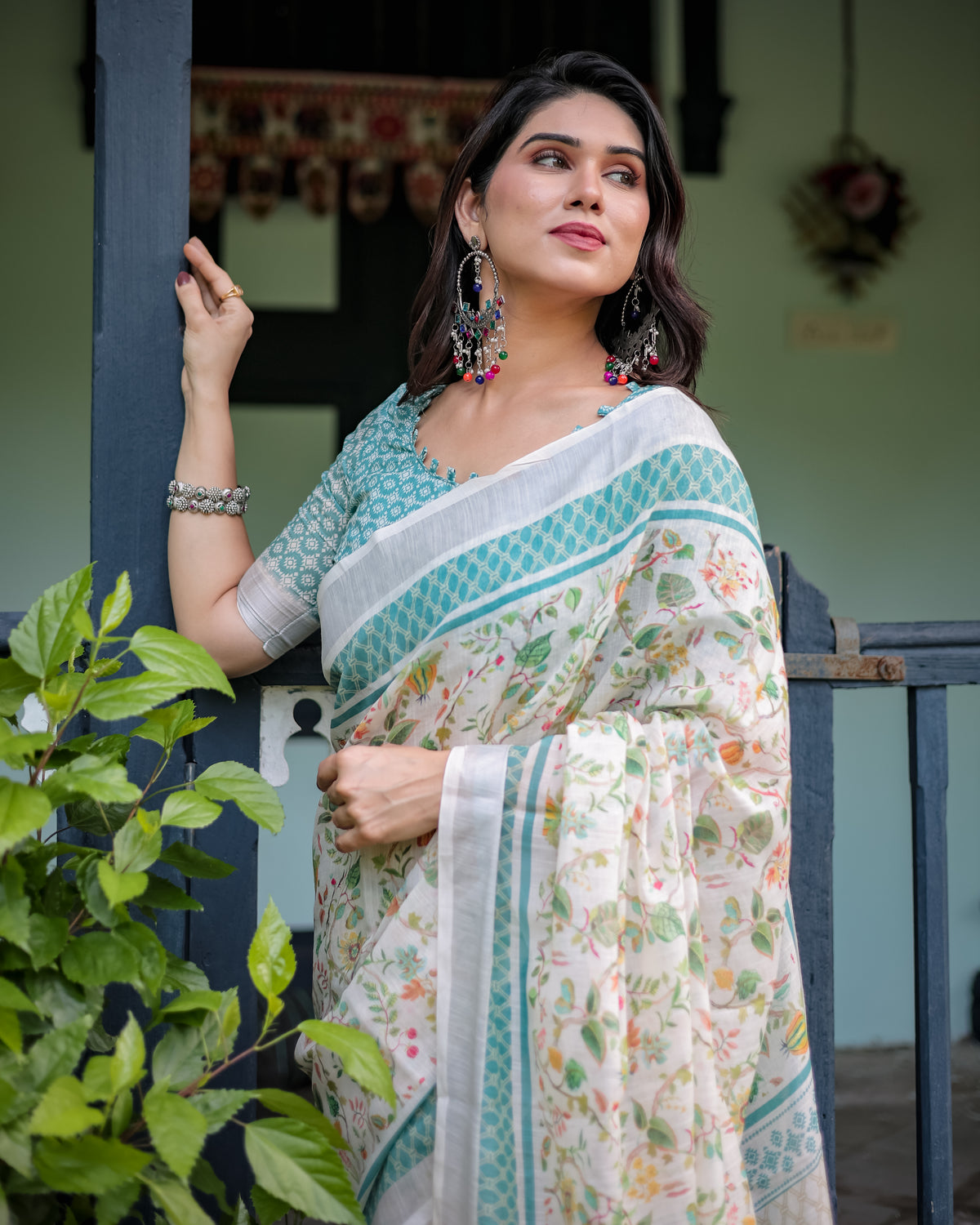 Ivory Floral Printed Saree with Sage Green Border