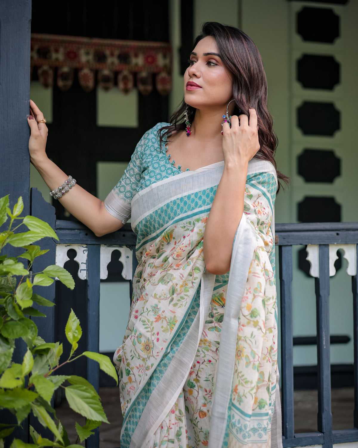 Ivory Floral Printed Saree with Sage Green Border